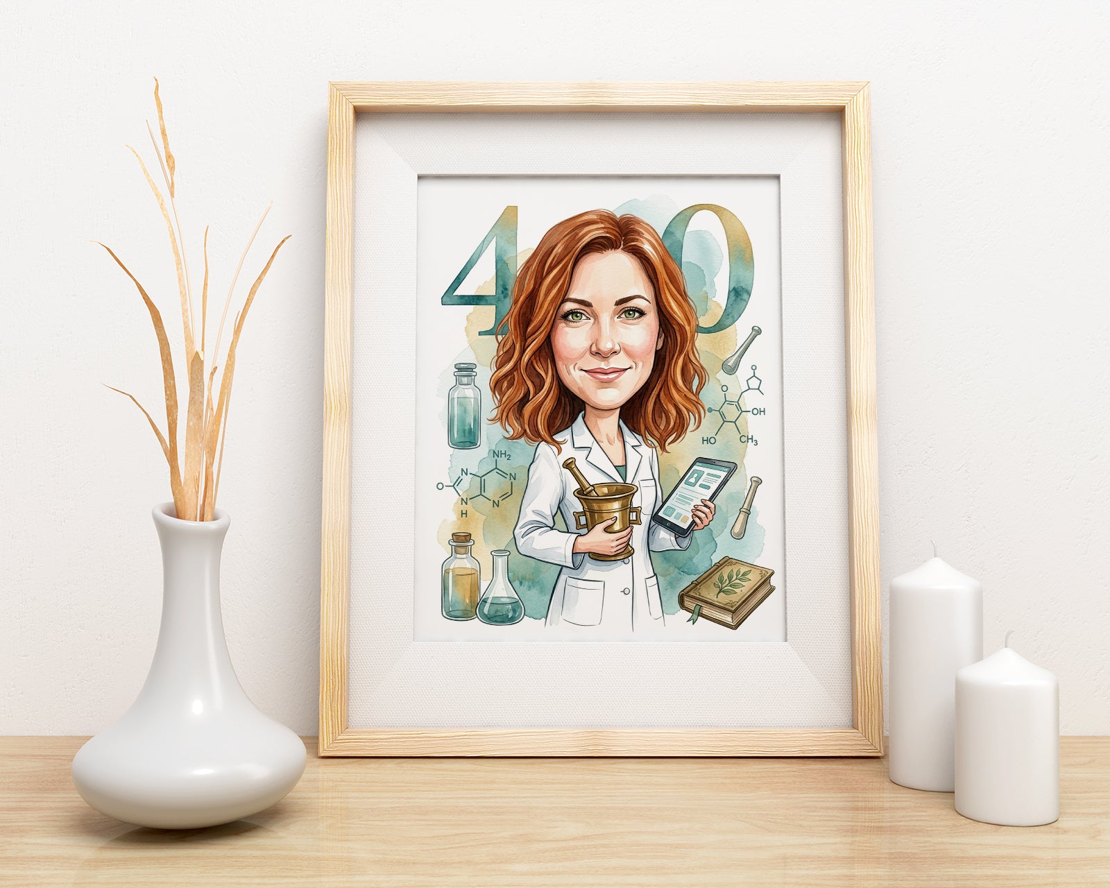 Personalizowana karykatura farmaceutki na 40 urodziny mockup 3