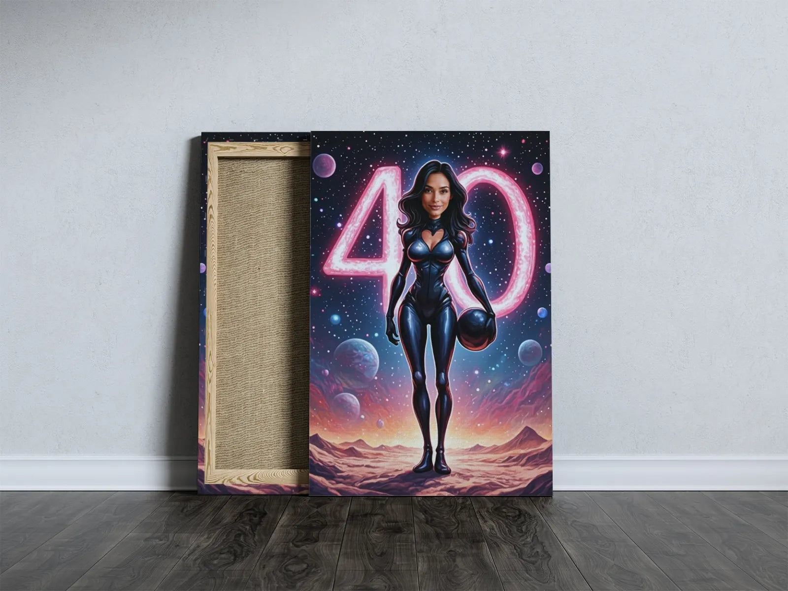 Personalizowana karykatura kobiety w stylu sci-fi na płótnie z astronautą i numerem 40