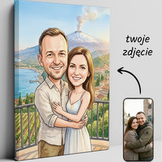 Personalizowana karykatura pary na tle Etny i Sycylii glowne
