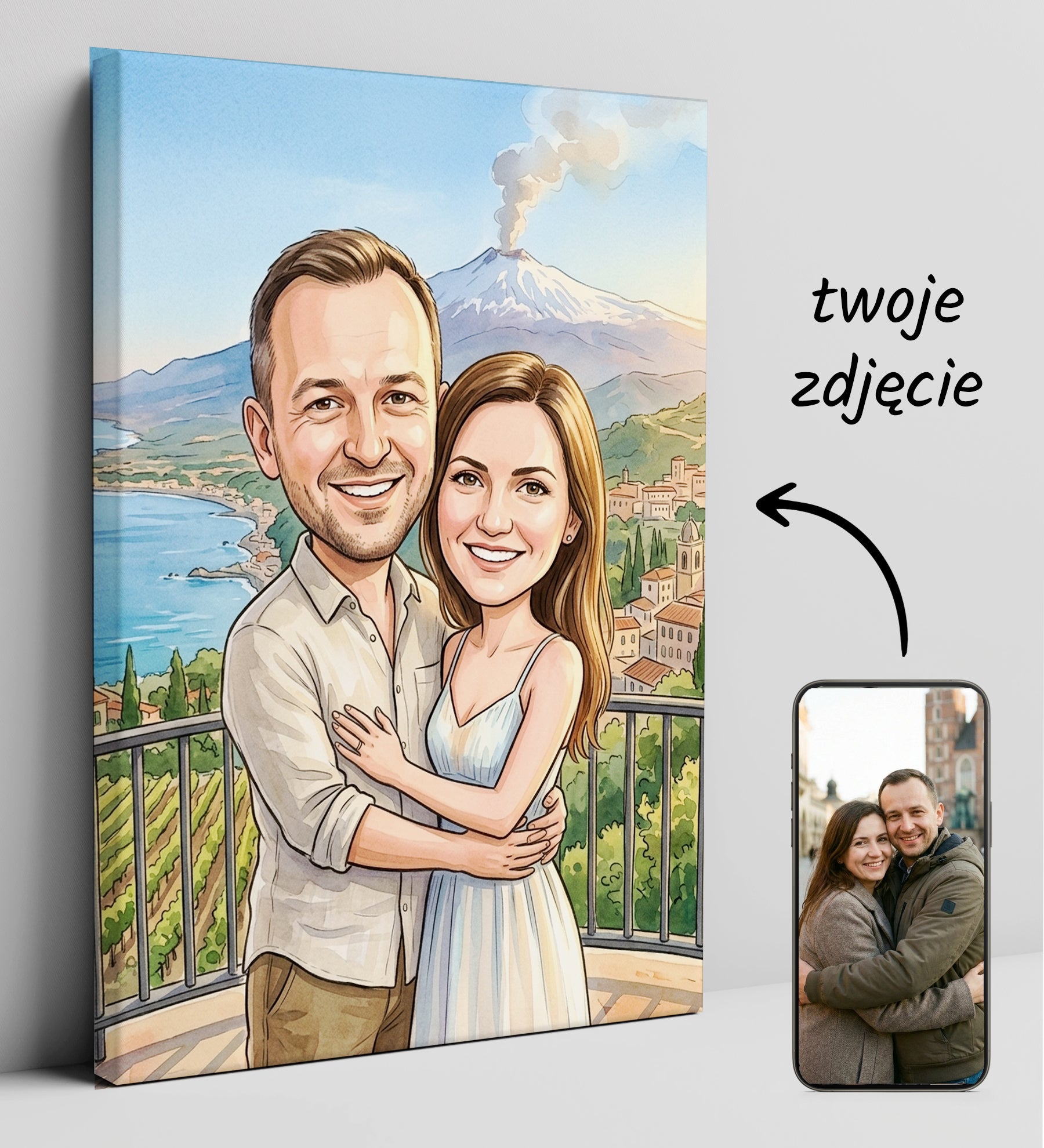 Personalizowana karykatura pary na tle Etny i Sycylii glowne
