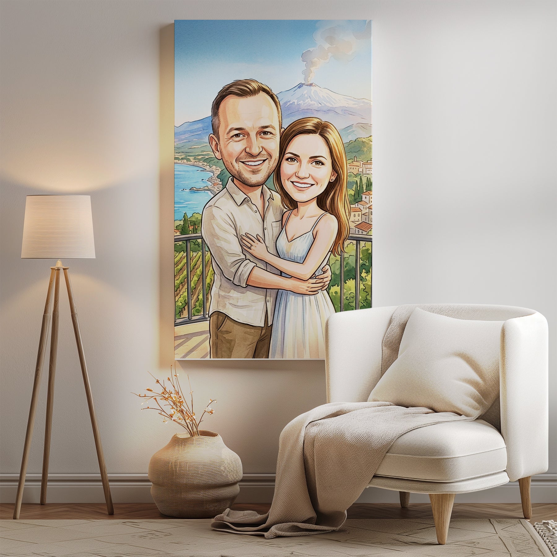 Personalizowana karykatura pary na tle Etny i Sycylii mockup 2