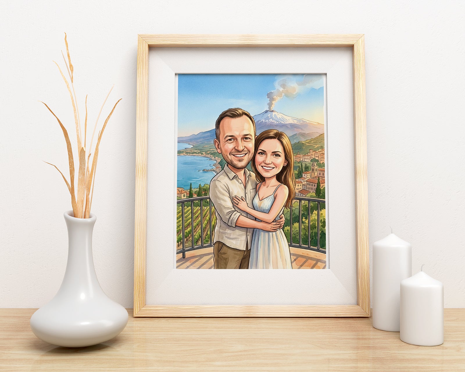 Personalizowana karykatura pary na tle Etny i Sycylii mockup 3