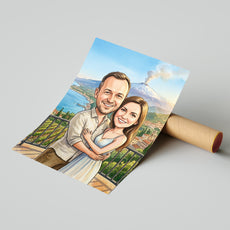 Personalizowana karykatura pary na tle Etny i Sycylii mockup 4