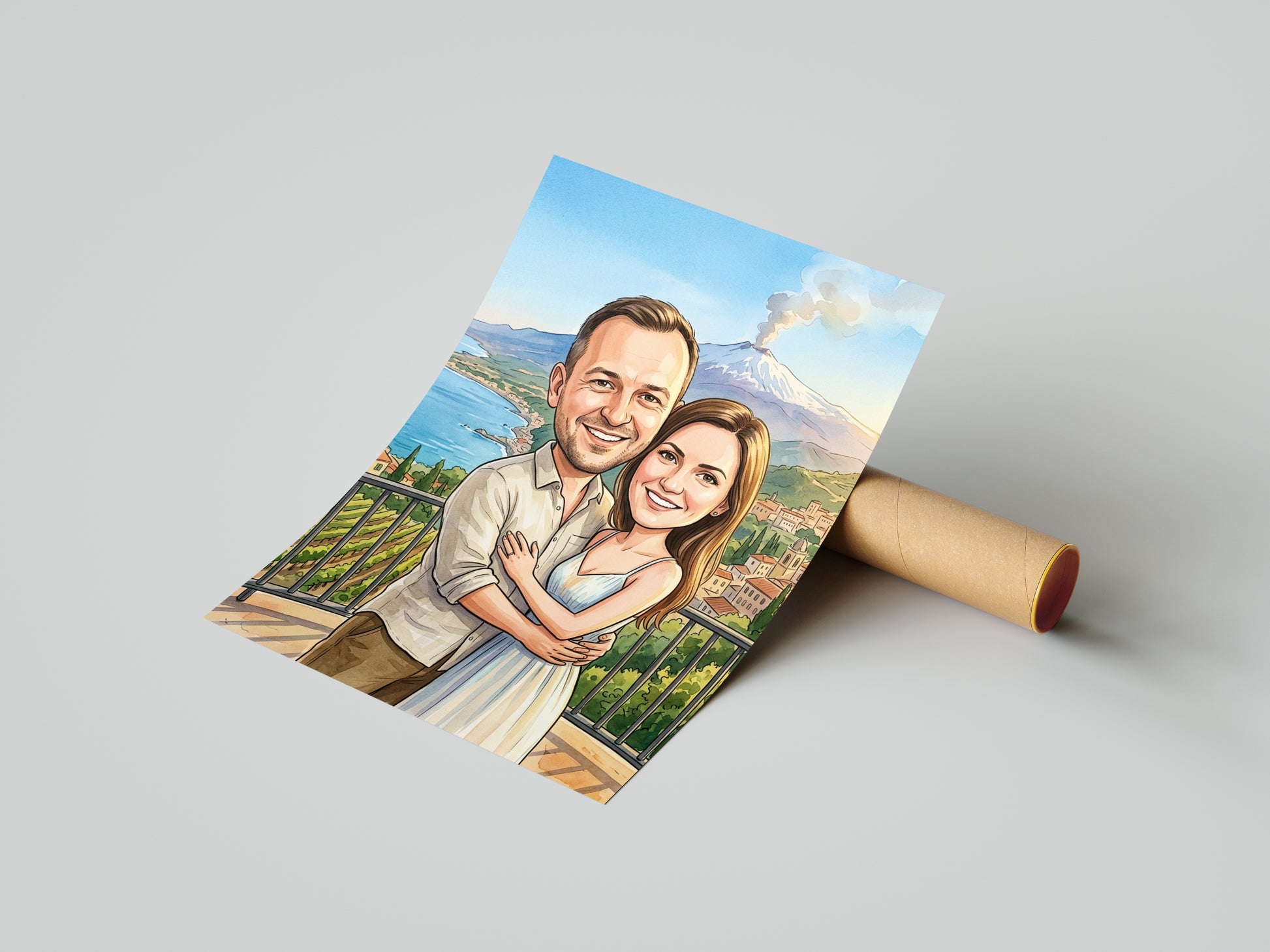 Personalizowana karykatura pary na tle Etny i Sycylii mockup 4