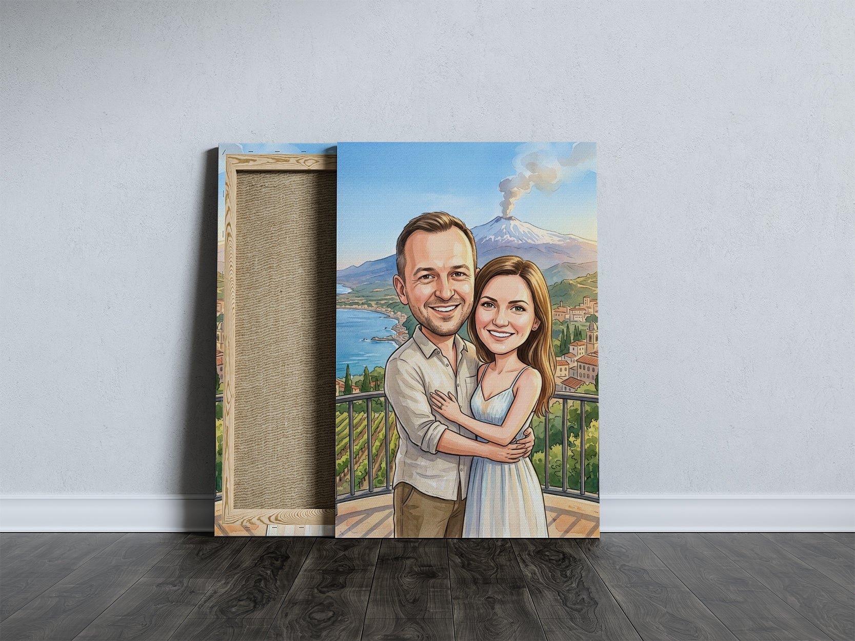 Personalizowana karykatura pary na tle Etny i Sycylii mockup 5