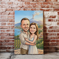 Personalizowana karykatura pary na tle Etny i Sycylii nacegle