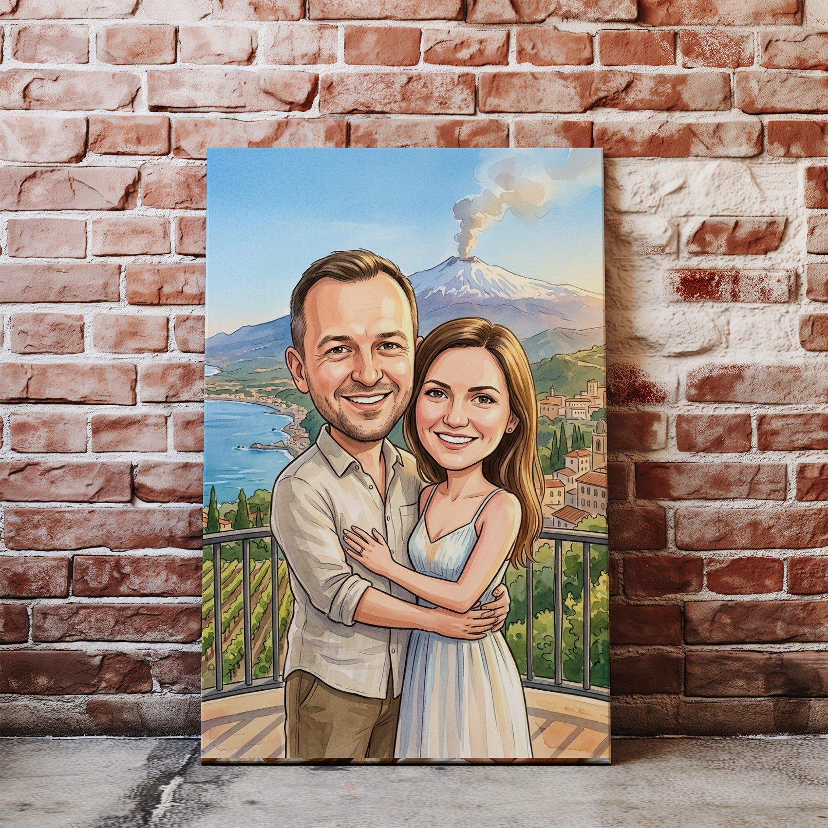 Personalizowana karykatura pary na tle Etny i Sycylii nacegle