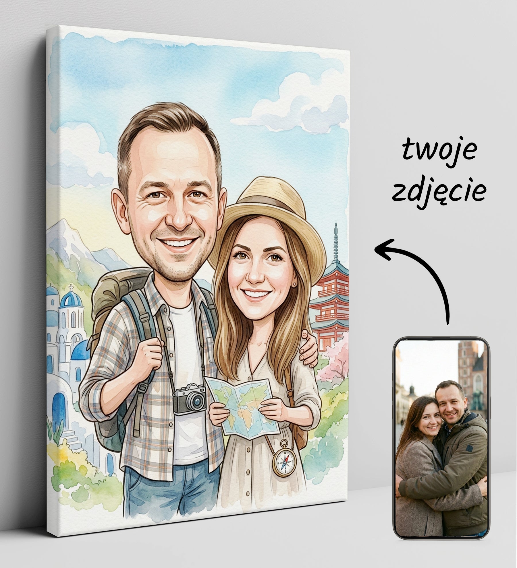 Personalizowana karykatura podróżnicza pary ze zdjęcia glowne