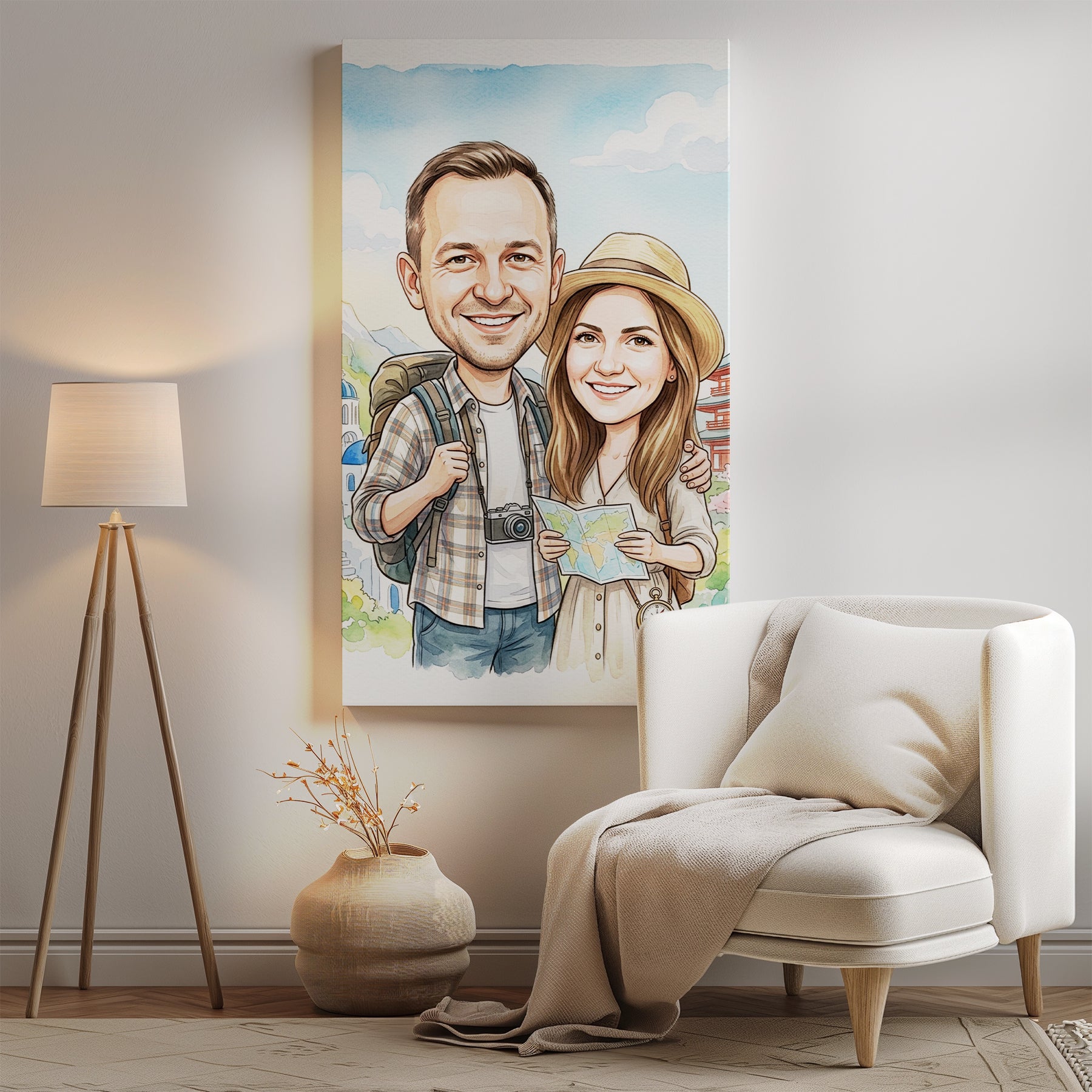 Personalizowana karykatura podróżnicza pary ze zdjęcia mockup 2