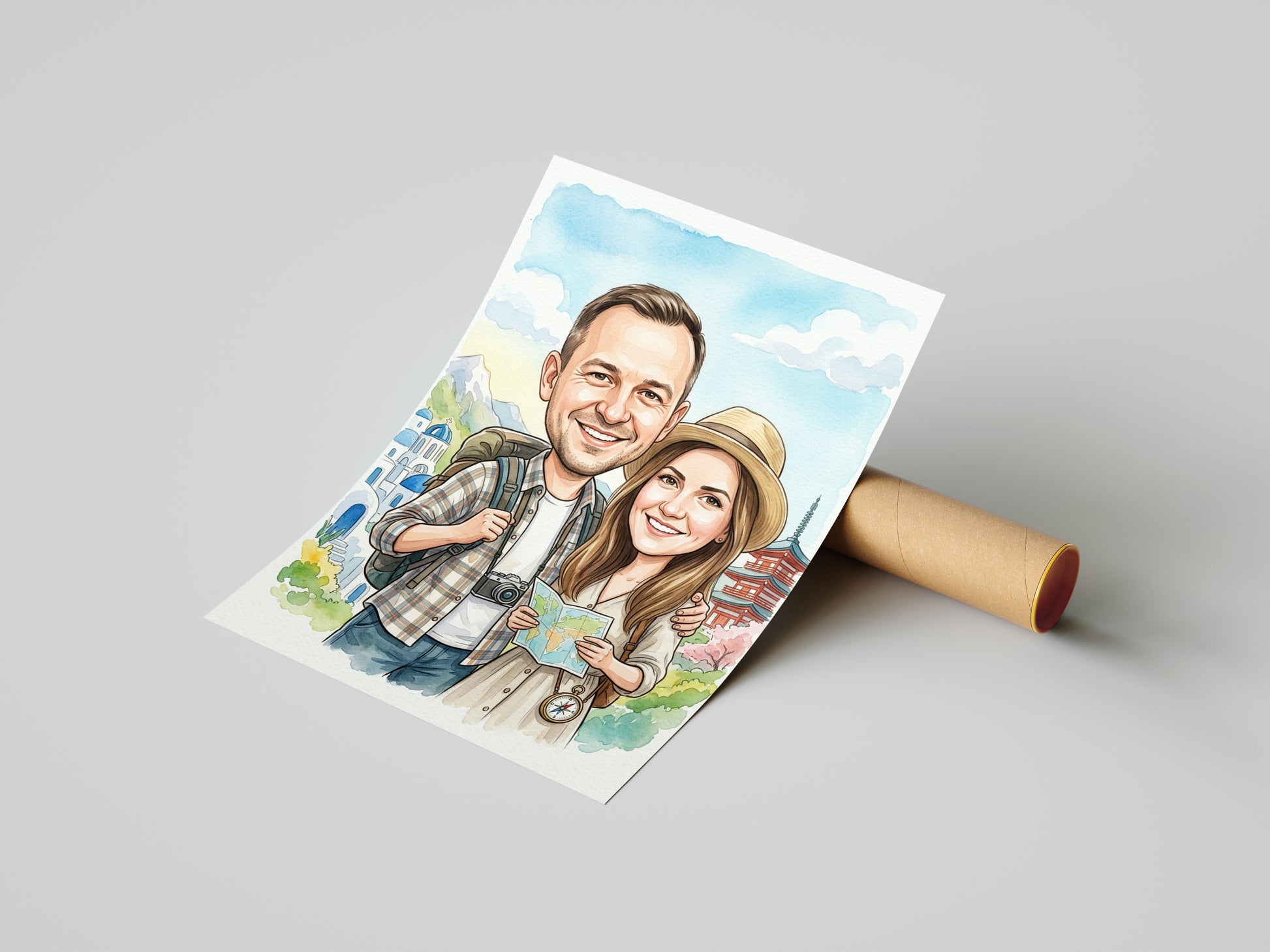 Personalizowana karykatura podróżnicza pary ze zdjęcia mockup 4