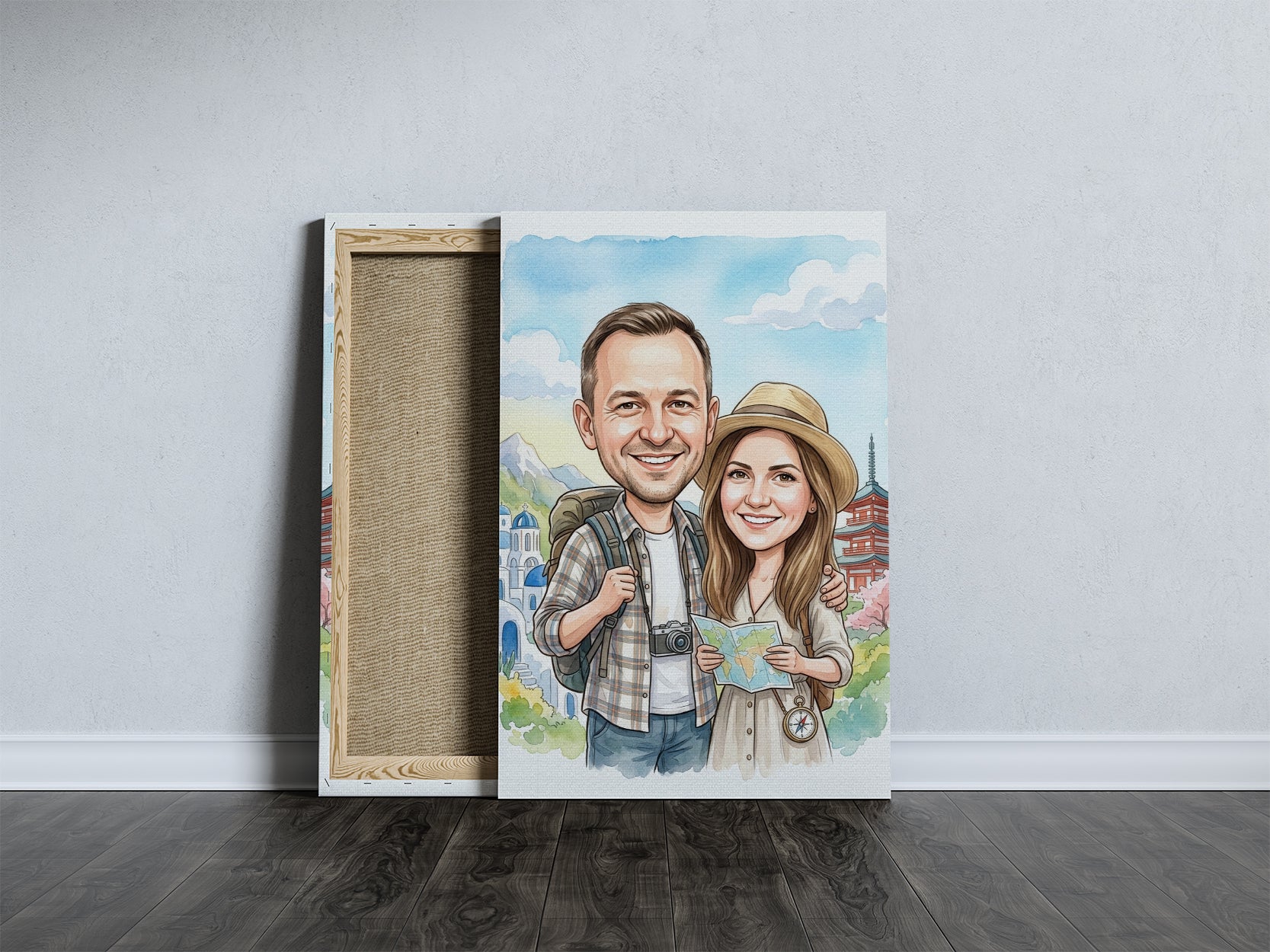 Personalizowana karykatura podróżnicza pary ze zdjęcia mockup 5