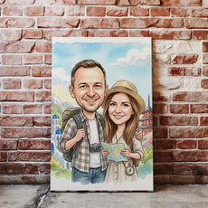 Personalizowana karykatura podróżnicza pary ze zdjęcia nacegle