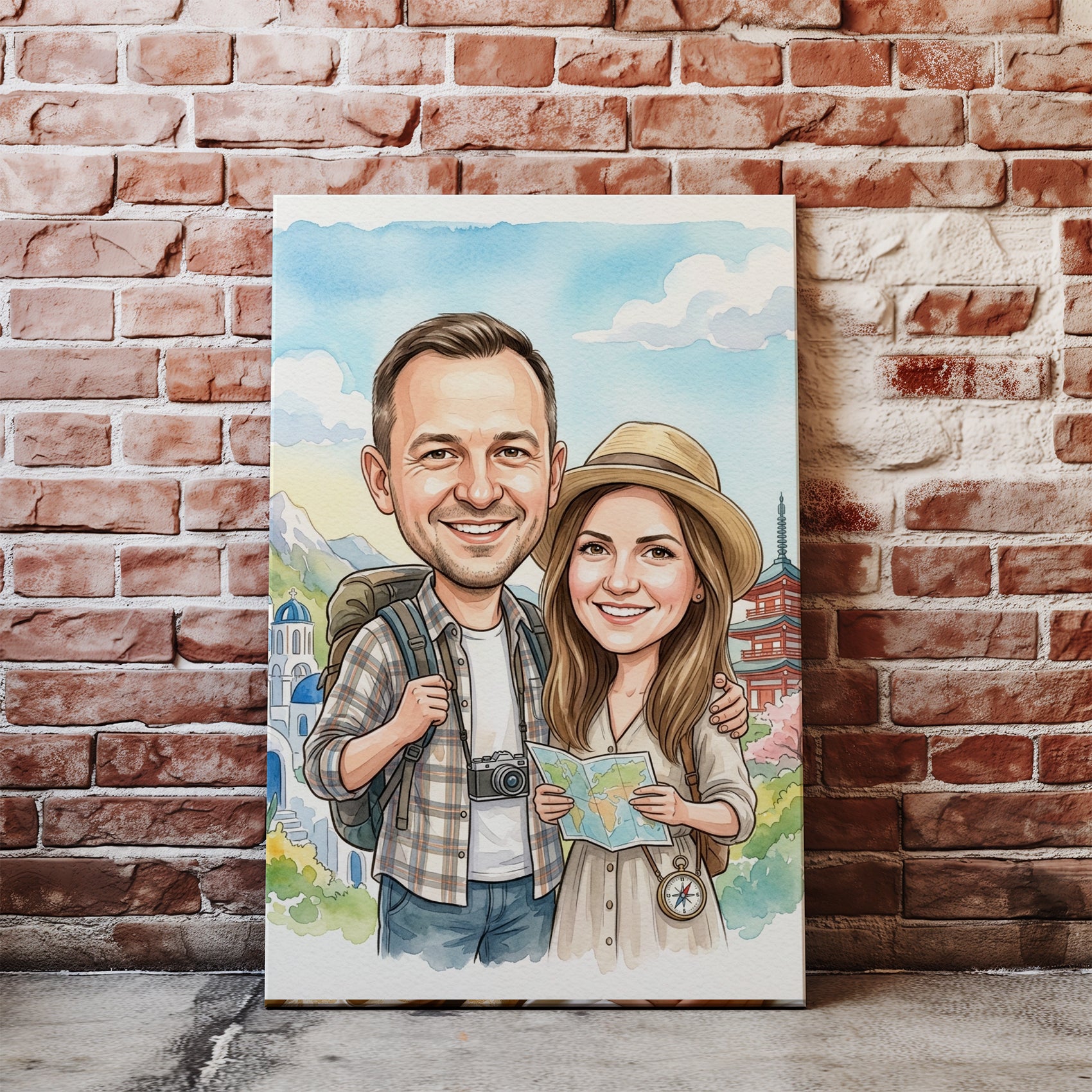 Personalizowana karykatura podróżnicza pary ze zdjęcia nacegle