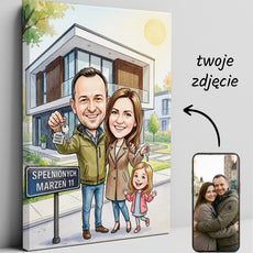 Personalizowana karykatura rodziny przed nowym domem z kluczami glowne