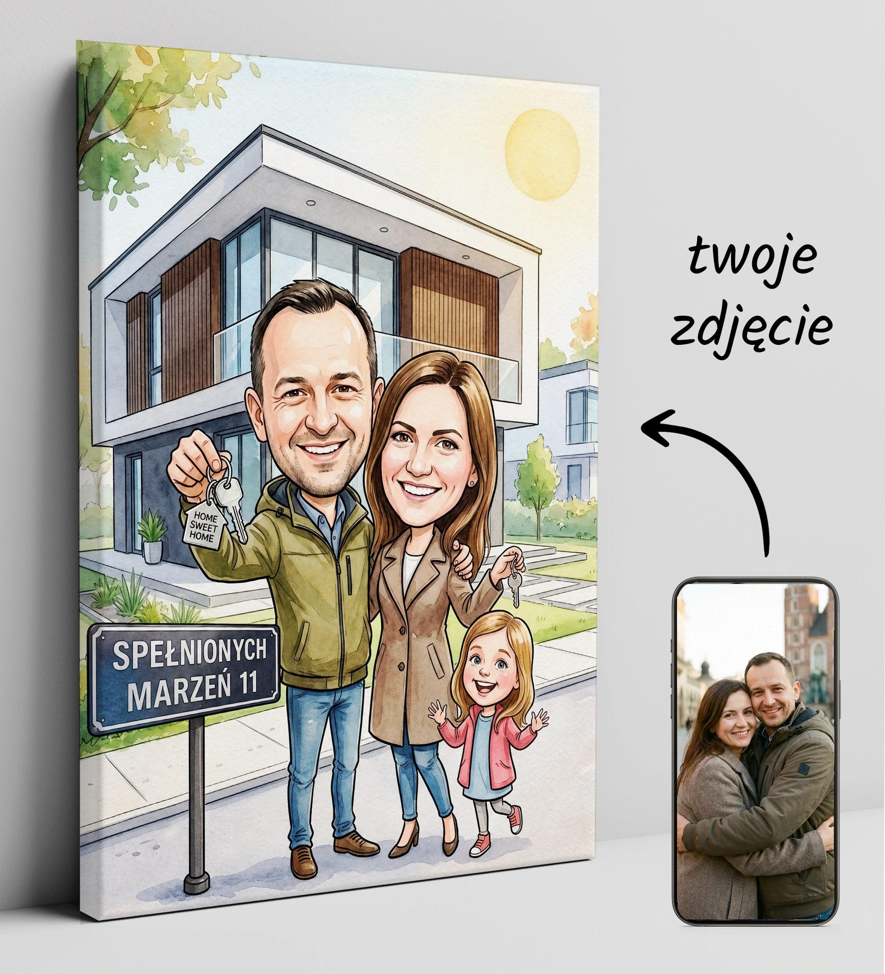 Personalizowana karykatura rodziny przed nowym domem z kluczami glowne