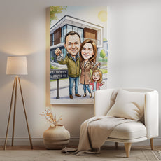 Personalizowana karykatura rodziny przed nowym domem z kluczami mockup 2