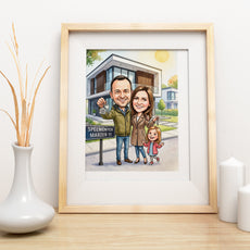 Personalizowana karykatura rodziny przed nowym domem z kluczami mockup 3