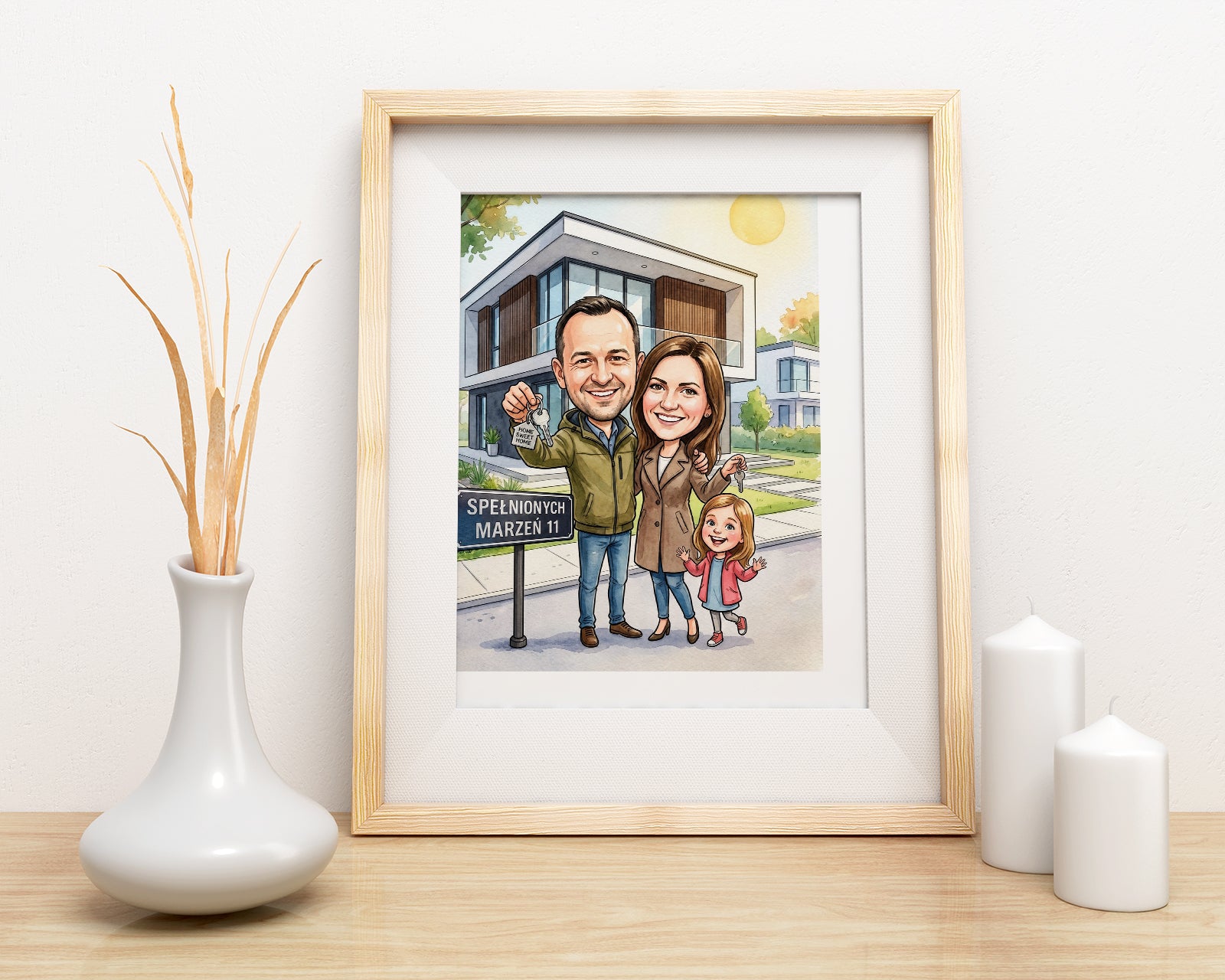 Personalizowana karykatura rodziny przed nowym domem z kluczami mockup 3