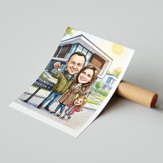 Personalizowana karykatura rodziny przed nowym domem z kluczami mockup 4