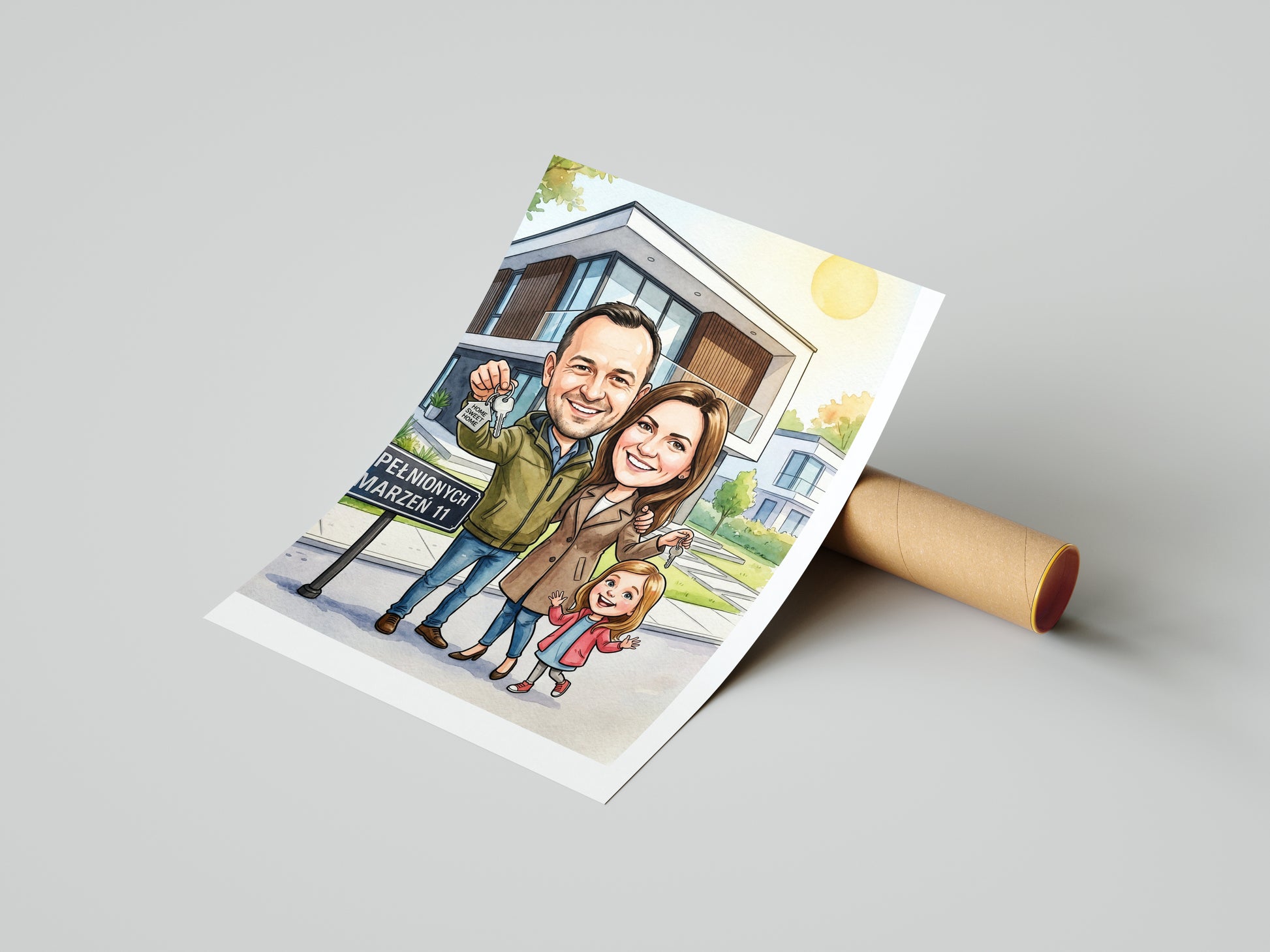Personalizowana karykatura rodziny przed nowym domem z kluczami mockup 4