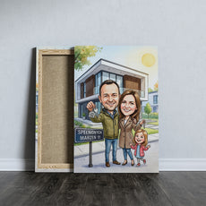 Personalizowana karykatura rodziny przed nowym domem z kluczami mockup 5