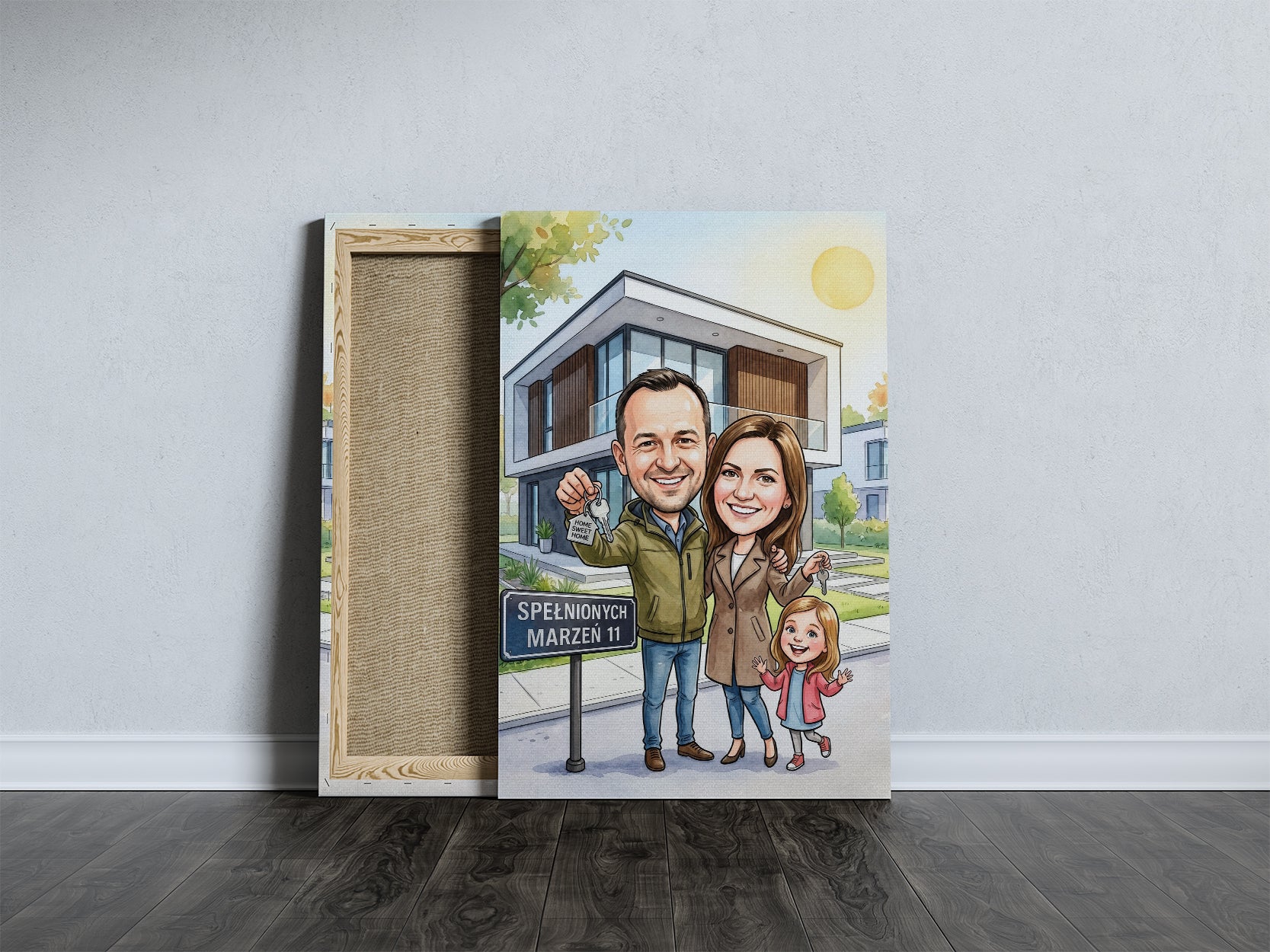 Personalizowana karykatura rodziny przed nowym domem z kluczami mockup 5