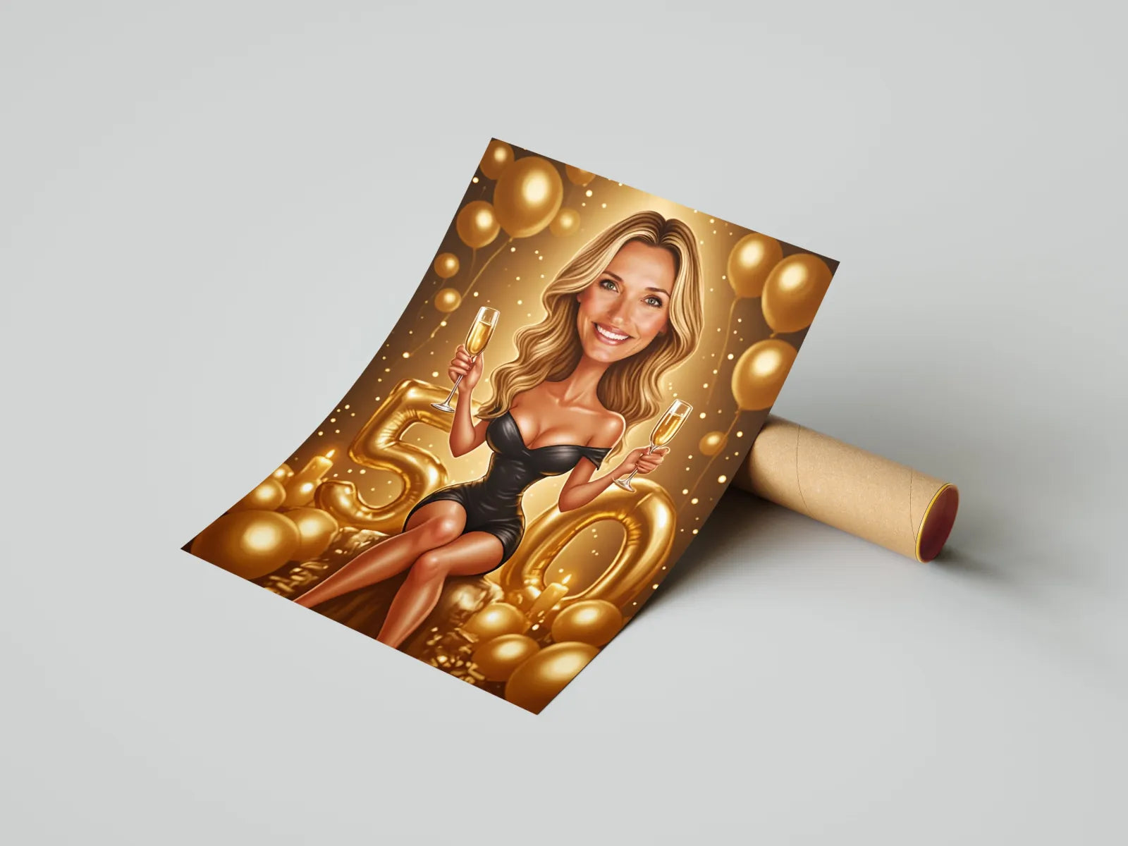Personalizowana karykatura na urodziny przedstawiająca kolorowy plakat z rysunkiem