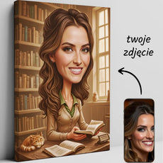 Karikatura portret na płótnie przedstawiająca bibliotekarkę, personalizowany obraz