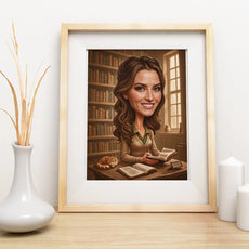 Spersonalizowany portret kobiety jako bibliotekarki w ramce, caricatura czytającej