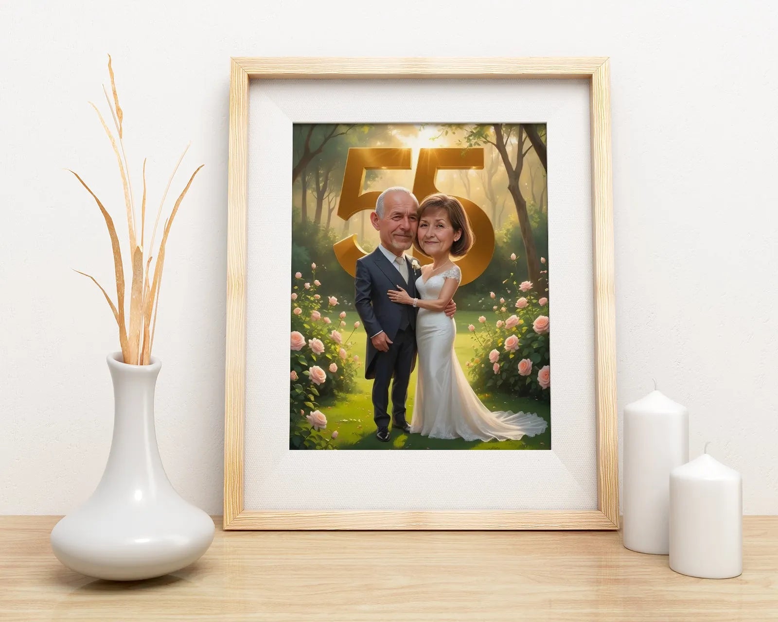 Framed caricature of a couple celebrating 55th wedding anniversary on a product called Personalizowany Portret Olejny na Rocznicę Ślubu