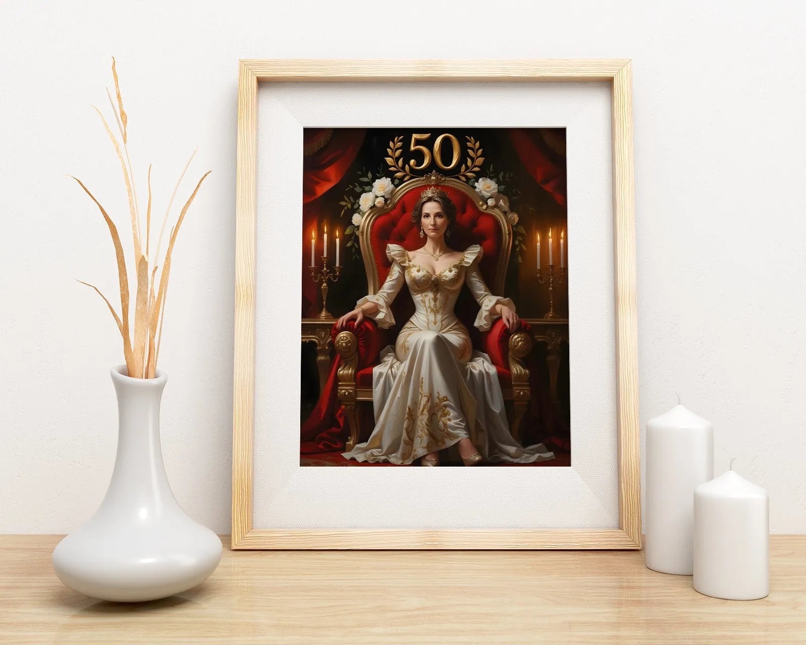 Framed royal-style portrait of a woman on a throne for birthday personalized gift
