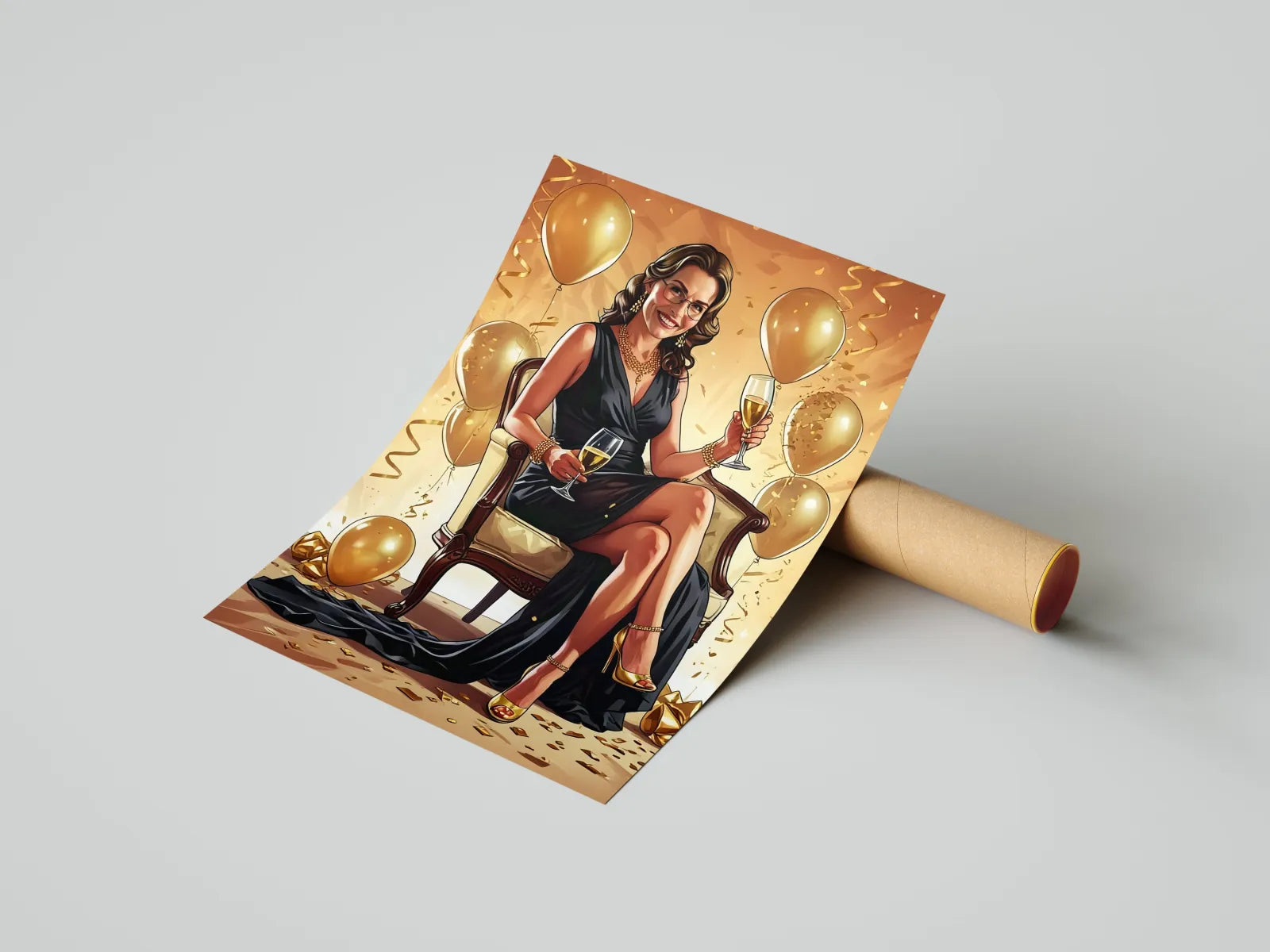Celebracyjny plakat z kobietą biznesu i cyfrą na personalizowany portret urodzinowy