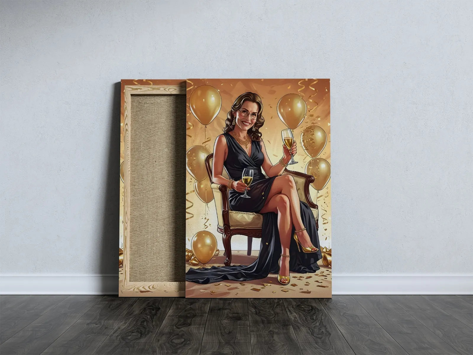 Personalizowany portret urodzinowy kobiety biznesu na płótnie w czarnej sukni