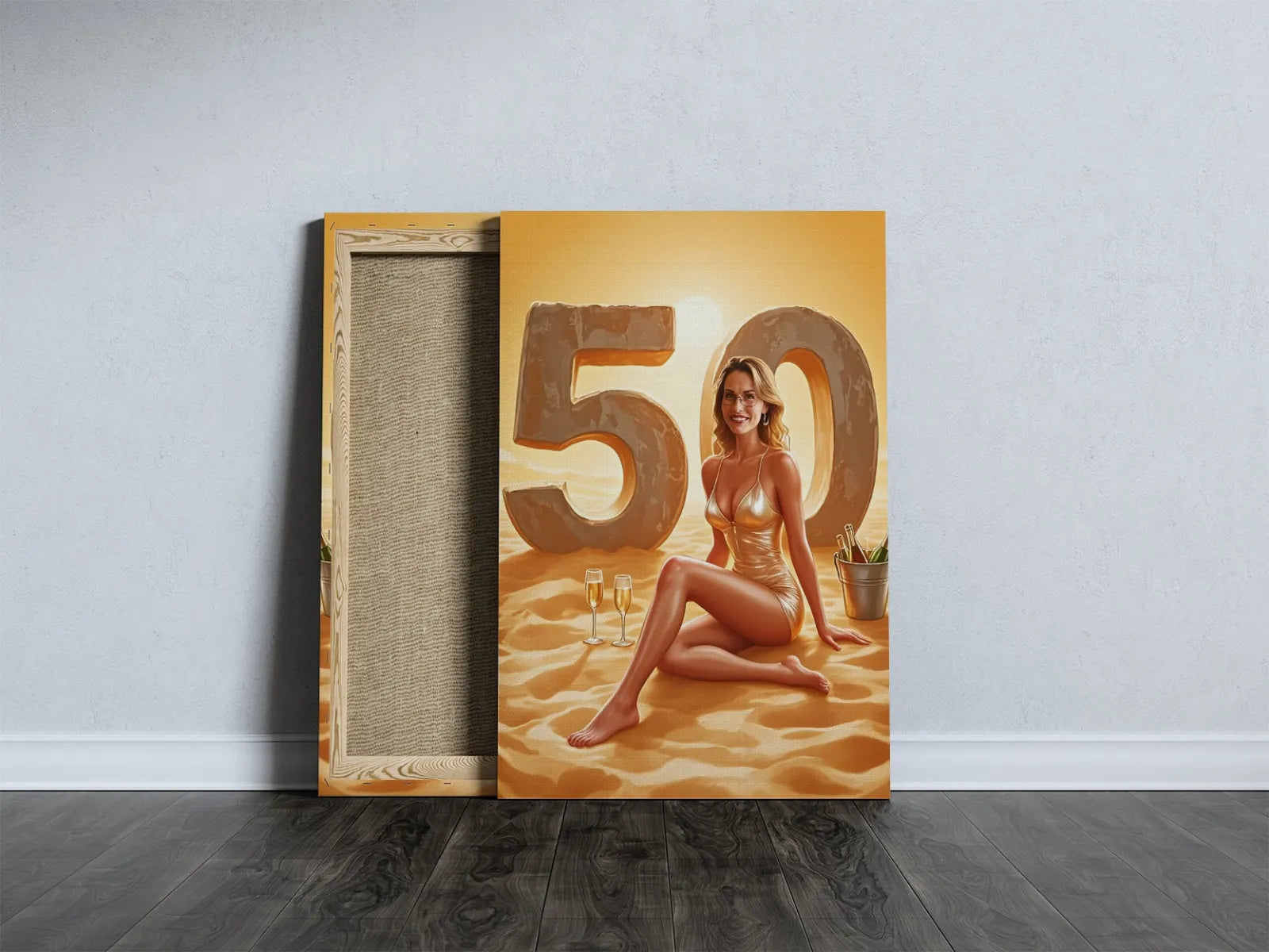 Personalizowany portret urodzinowy na plaży z kobietą w złotym kostiumie i numerem 50