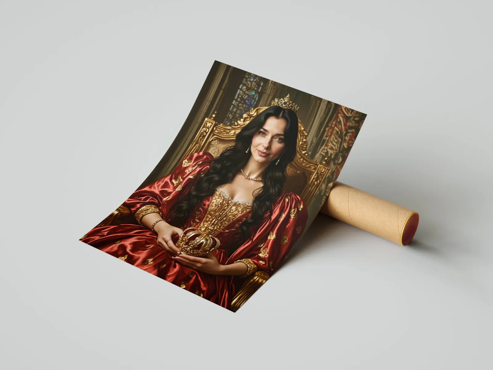 Portret królowej na tronie, personalizowany print ze zdjęcia, eleganckie dodatki