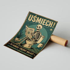 Plakat do łazienki Retro Szkielet na Toalecie „Uśmiech!” mockup 6