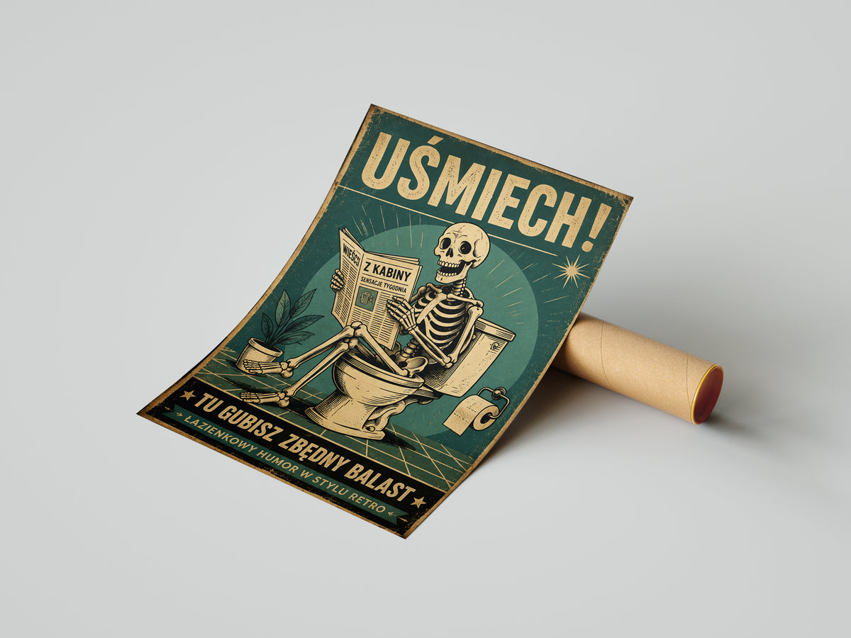 Plakat do łazienki Retro Szkielet na Toalecie „Uśmiech!” mockup 6