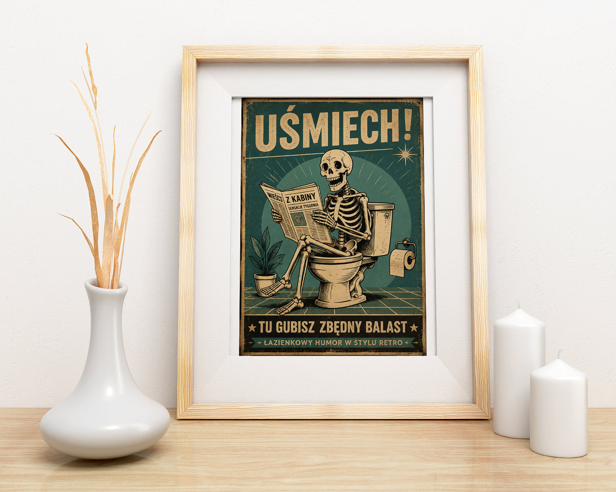 Plakat do łazienki Retro Szkielet na Toalecie „Uśmiech!” mockup 4