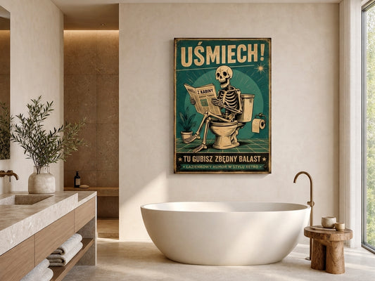 Plakat do łazienki Retro Szkielet na Toalecie „Uśmiech!” glowne