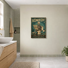 Plakat do łazienki Retro Szkielet na Toalecie „Uśmiech!” mockup 2
