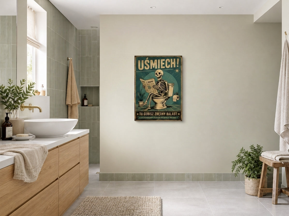 Plakat do łazienki Retro Szkielet na Toalecie „Uśmiech!” mockup 2