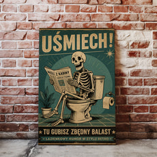 Plakat do łazienki Retro Szkielet na Toalecie „Uśmiech!” mockup 5