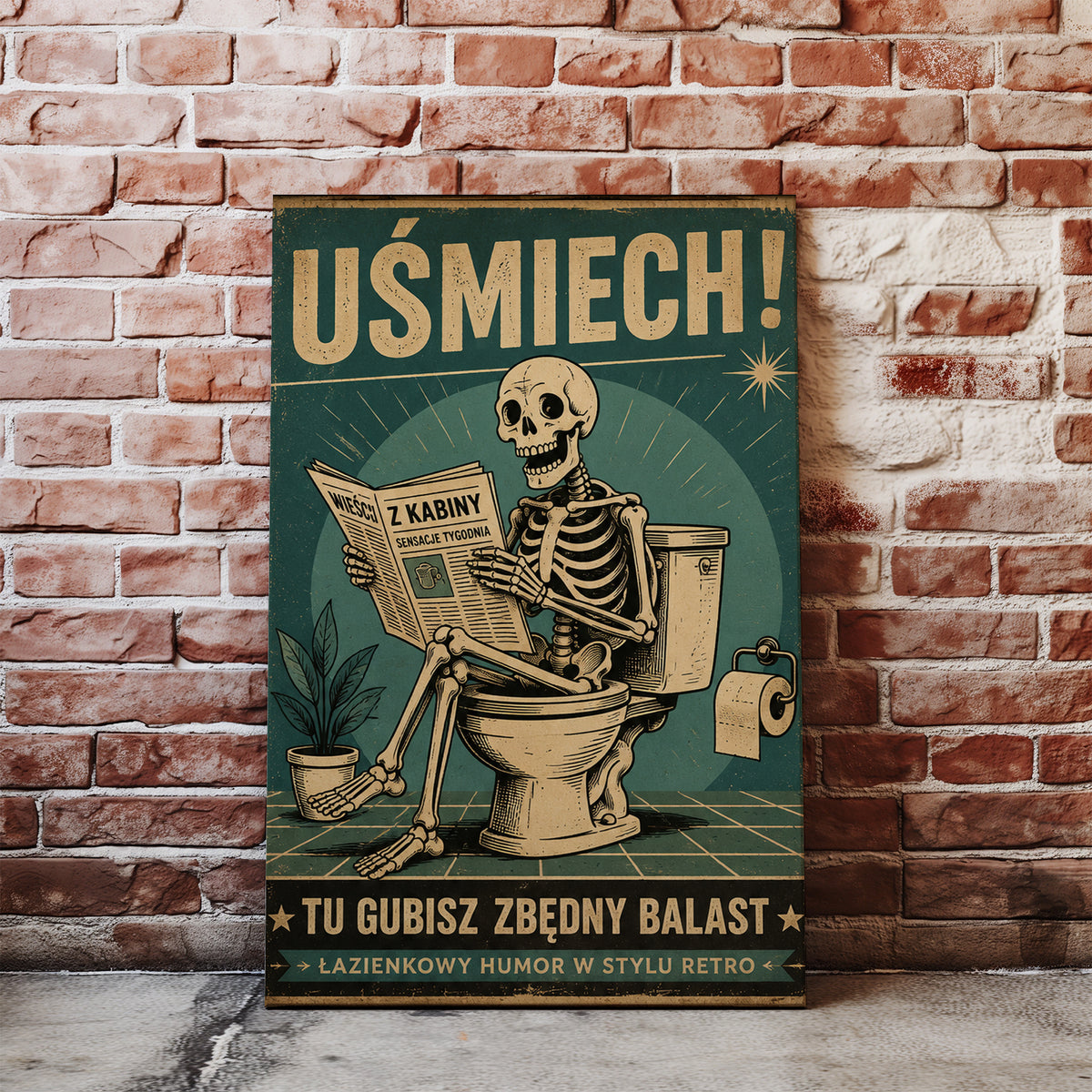 Plakat do łazienki Retro Szkielet na Toalecie „Uśmiech!” mockup 5