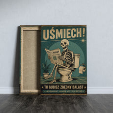 Plakat do łazienki Retro Szkielet na Toalecie „Uśmiech!” mockup 7