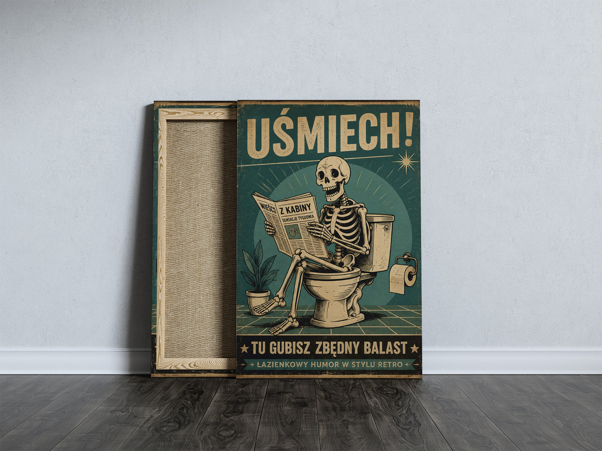Plakat do łazienki Retro Szkielet na Toalecie „Uśmiech!” mockup 7