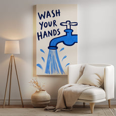 Plakat do łazienki Wash Your Hands z kranem mockup 4