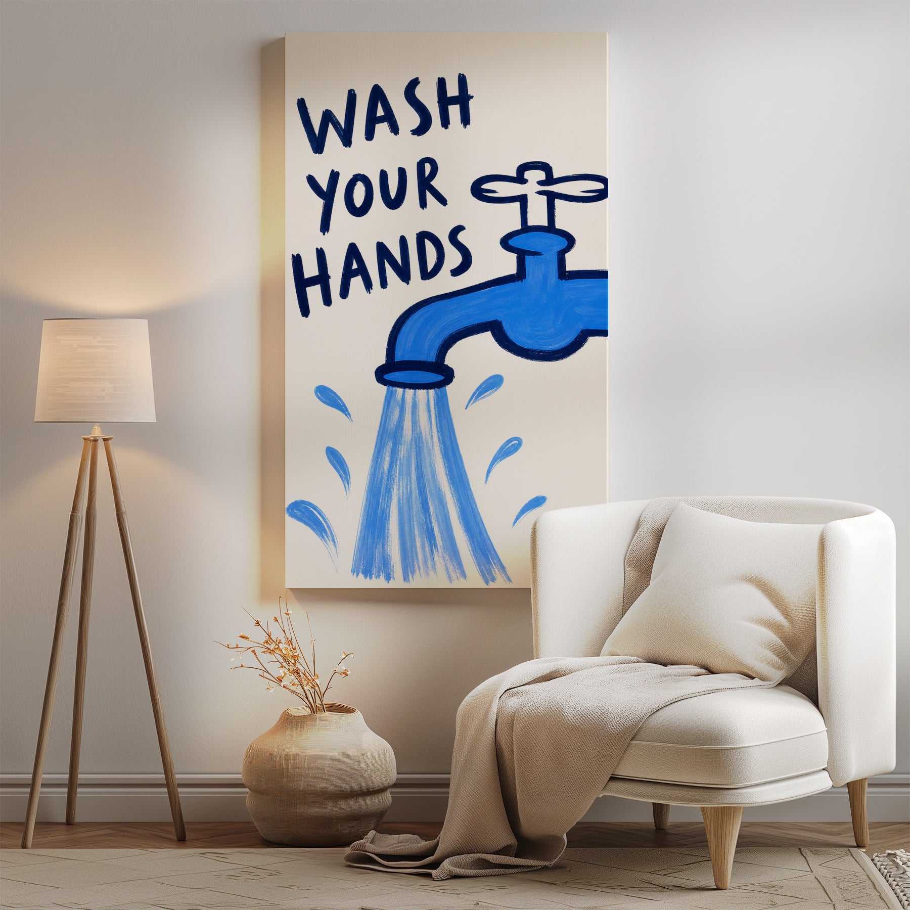 Plakat do łazienki Wash Your Hands z kranem mockup 4