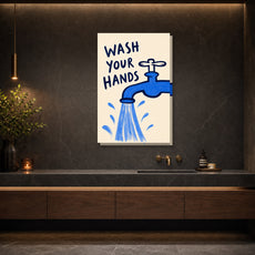 Plakat do łazienki Wash Your Hands z kranem mockup 2