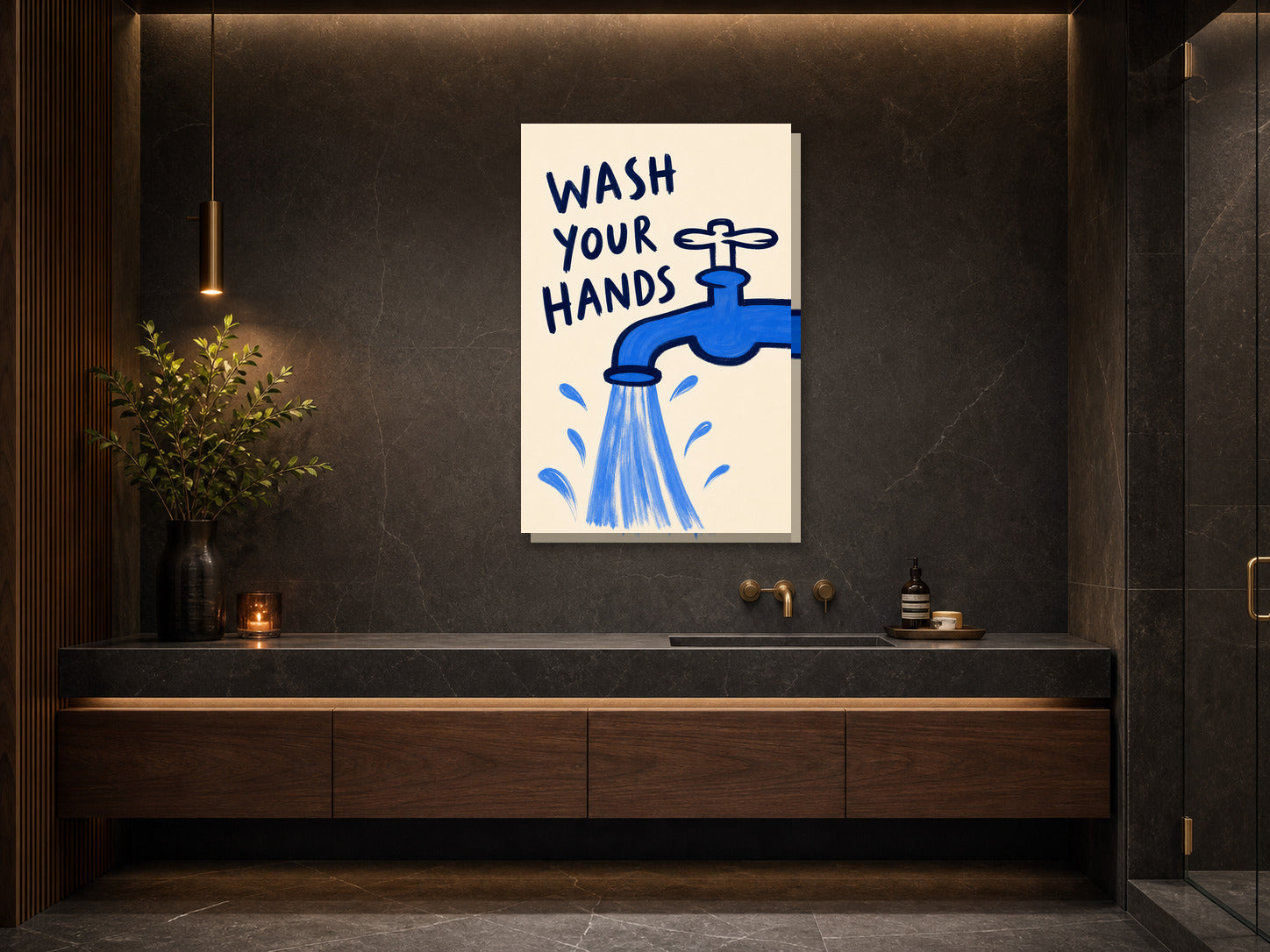 Plakat do łazienki Wash Your Hands z kranem mockup 2
