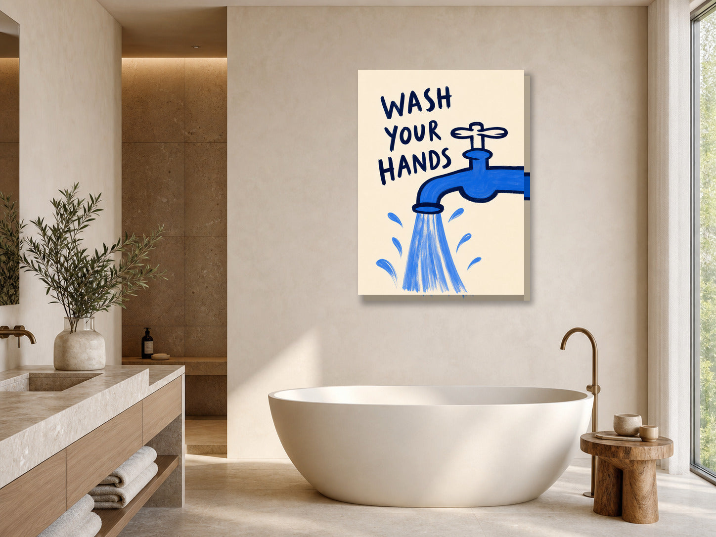 Plakat do łazienki Wash Your Hands z kranem mockup 1